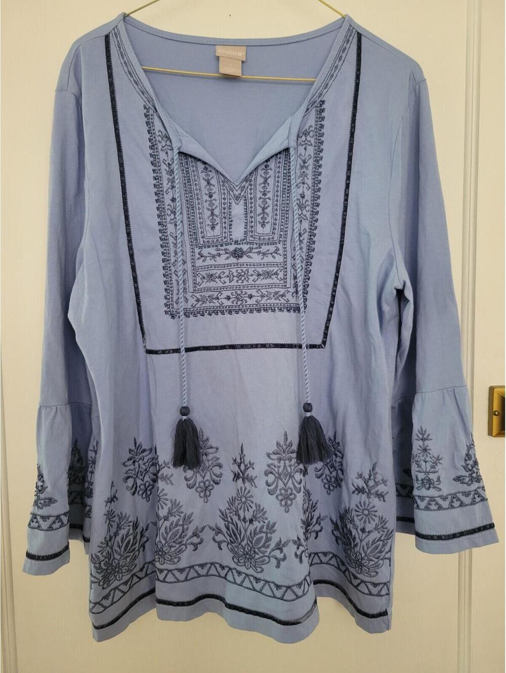 Chicos Blouse Size 1 Boho Style Embroidered Blue Floral